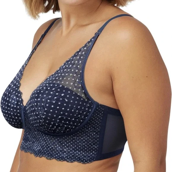 Maidenform Pure Comfort Bralette Wireless Lace Long Blue/Dots White Bra Size 34D - Picture 2 of 9